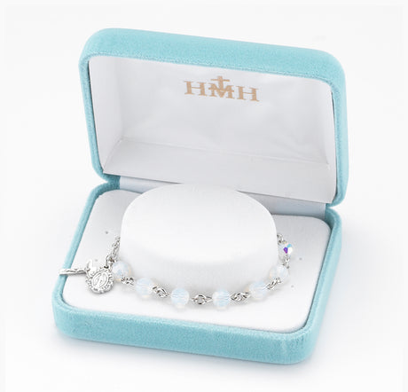6mm Opal Swarovski Crystal Round Rosary Bracelet, Silver Oxidized Medal and Crucifix