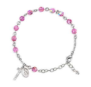 6mm Pink Swarovski Crystal Round Rosary Bracelet, Silver Oxidized Medal and Crucifix