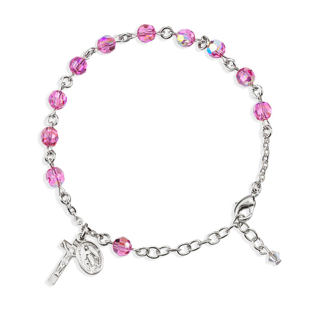 6mm Pink Swarovski Crystal Round Rosary Bracelet, Silver Oxidized Medal and Crucifix