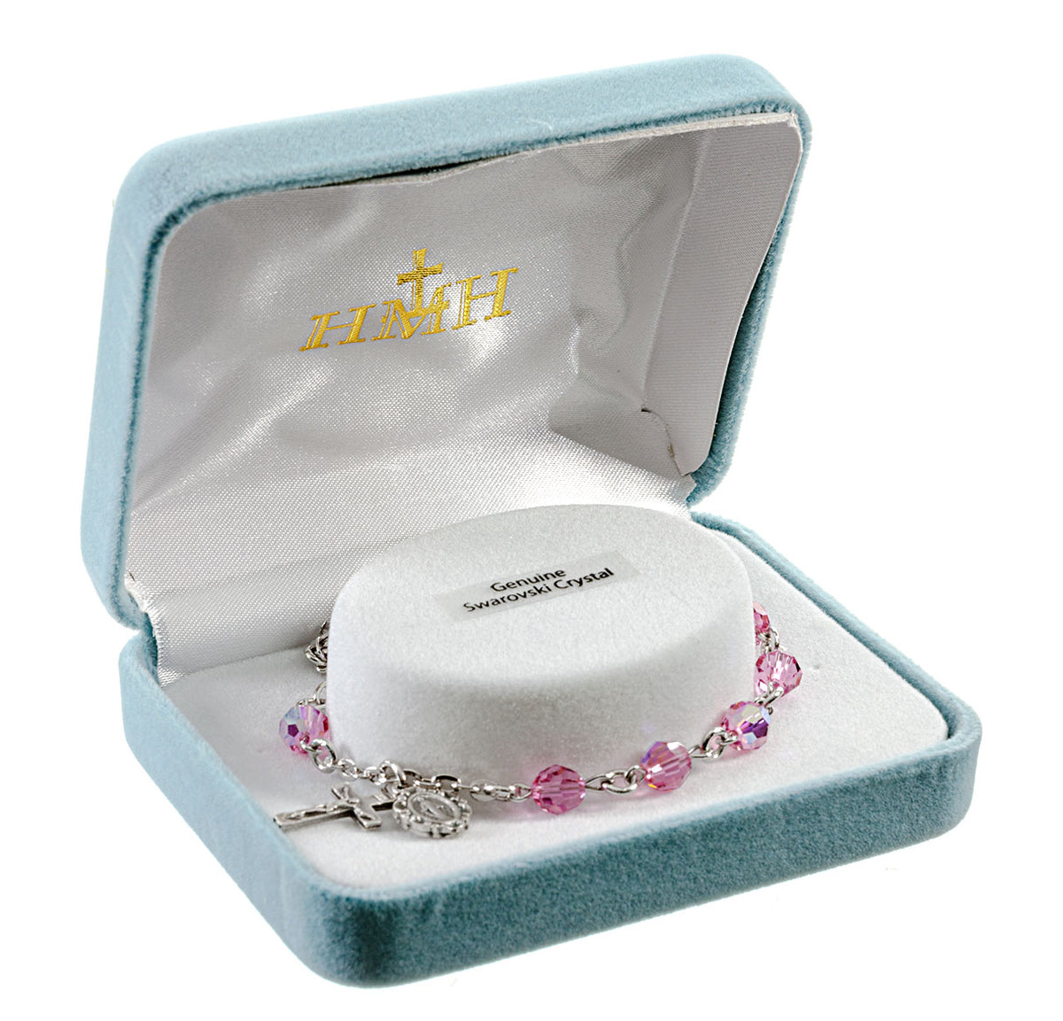 6mm Pink Swarovski Crystal Round Rosary Bracelet, Silver Oxidized Medal and Crucifix