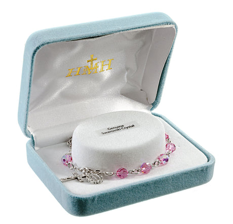 6mm Pink Swarovski Crystal Round Rosary Bracelet, Silver Oxidized Medal and Crucifix