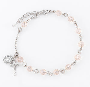 6mm Silk Swarovski Crystal Round Rosary Bracelet, Silver Oxidized Medal and Crucifix