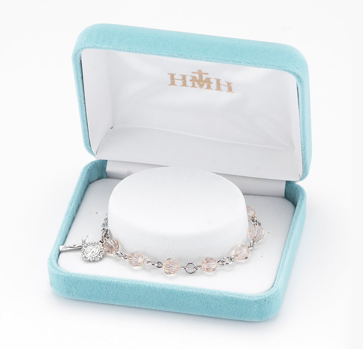 6mm Silk Swarovski Crystal Round Rosary Bracelet, Silver Oxidized Medal and Crucifix