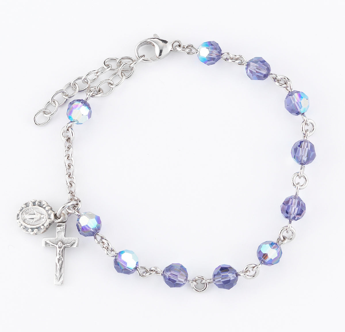 6mm Tanzanite Swarovski Crystal Round Rosary Bracelet, Silver Oxidized Medal and Crucifix