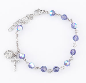 6mm Tanzanite Swarovski Crystal Round Rosary Bracelet, Silver Oxidized Medal and Crucifix