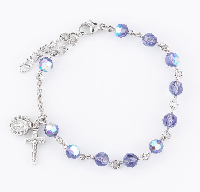 6mm Tanzanite Swarovski Crystal Round Rosary Bracelet, Silver Oxidized Medal and Crucifix