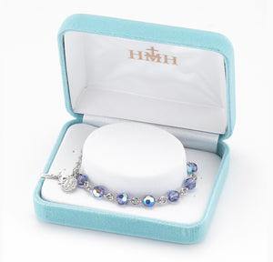 6mm Tanzanite Swarovski Crystal Round Rosary Bracelet, Silver Oxidized Medal and Crucifix