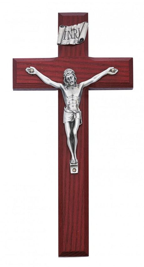 Beveled Cherry Stained Wood Crucifix with Silver-Tone Corpus 8 Inch