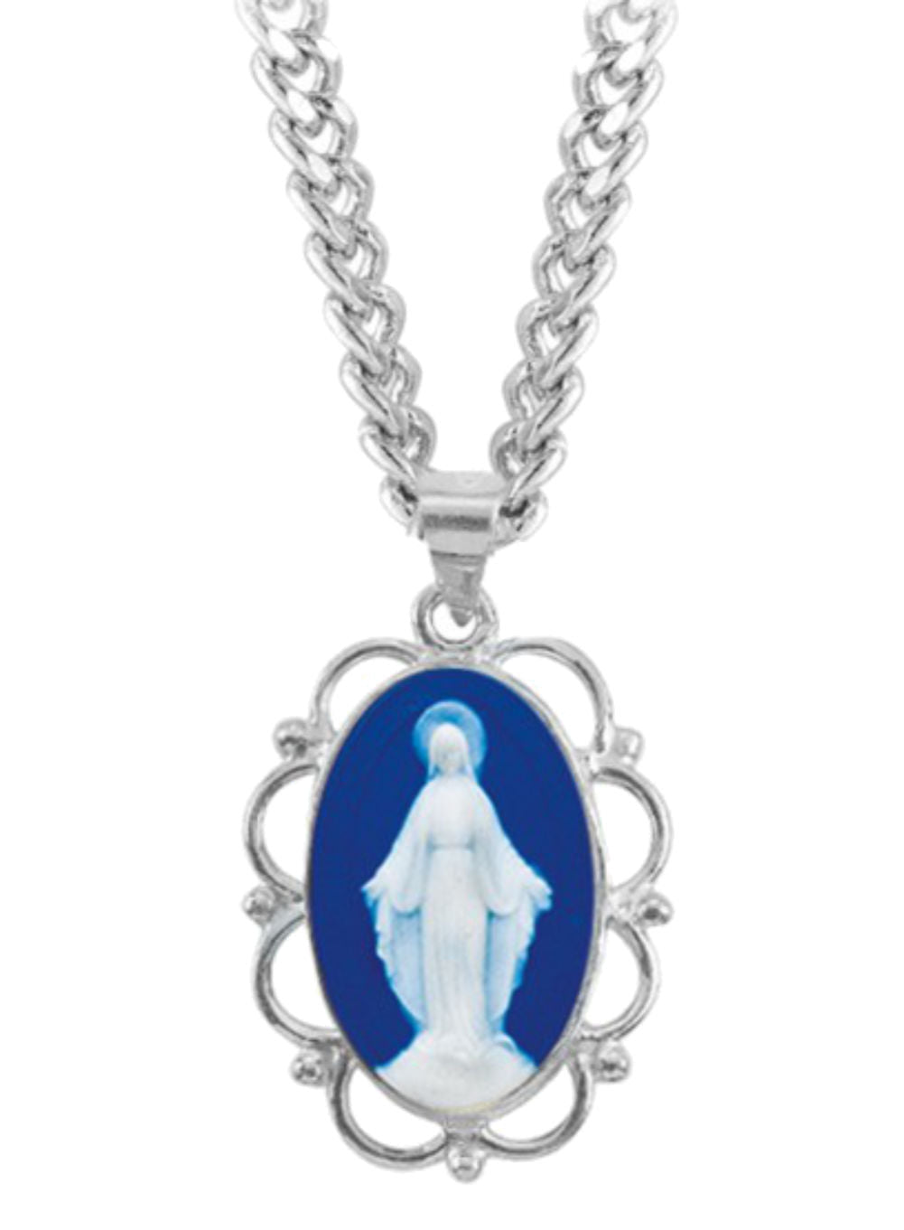 Blue Cameo Miraculous Medal Necklace Scalloped Edges