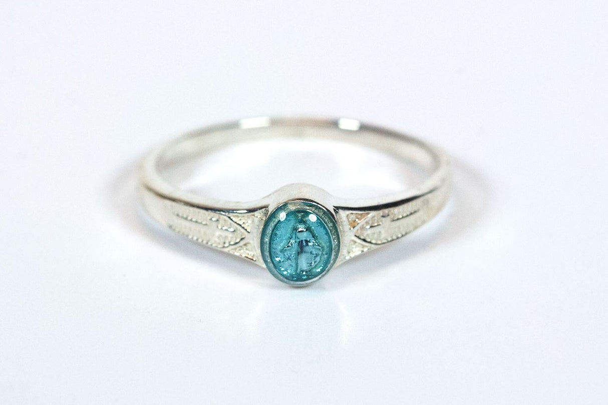Blue Miraculous Medal Sterling Silver Ring