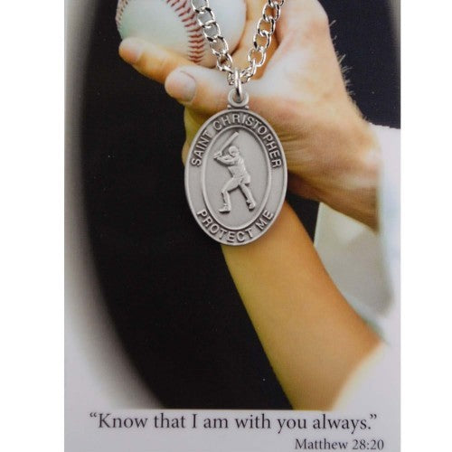 St. Christopher Baseball Medal 24 Inch Chain Prayer Card for Boys