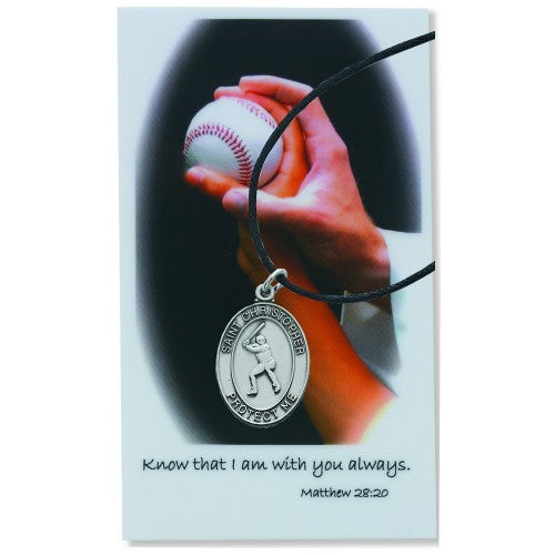 St. Christopher Baseball Medal Leather Chain Prayer Card for Boys