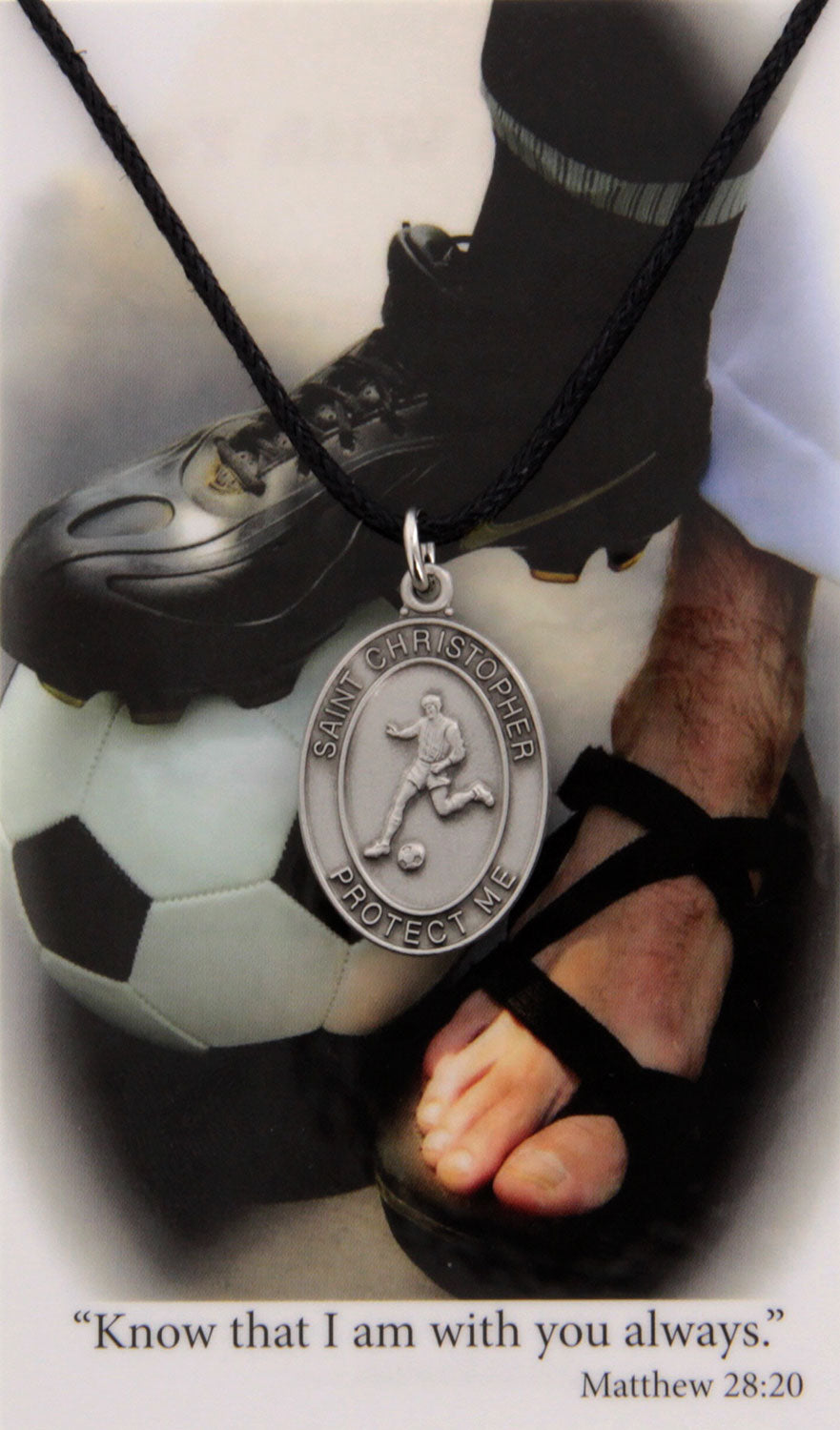 St. Christopher Soccer Medal Leather Chain Prayer Card for Boys