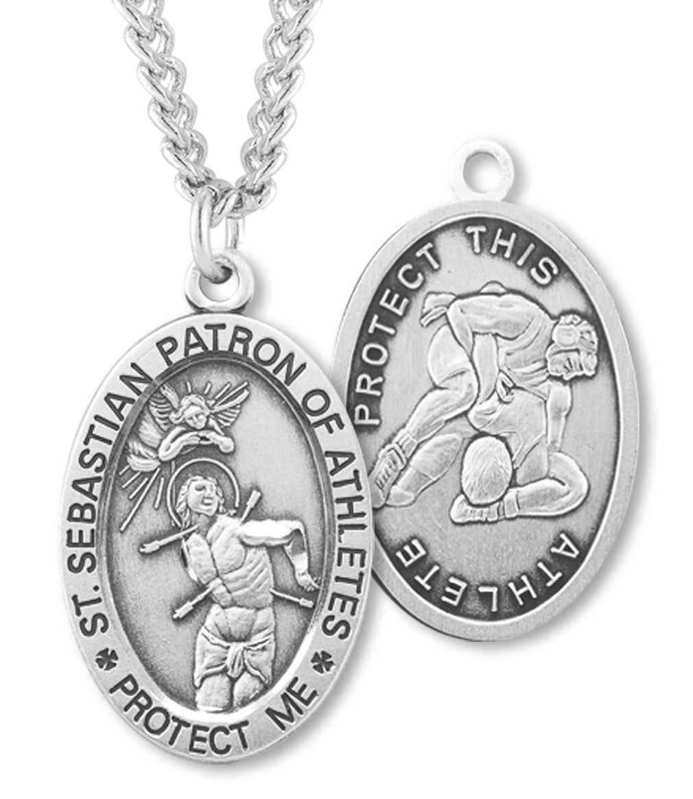 925 Sterling Silver Saint Sebastian Archery Medal Pendant on  St. Sebastian Sterling Silver Religious Medal Necklace 24” Heavy Curb Chain display picture 1