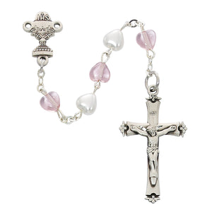 Sterling Silver White and Pink Heart First Communion Rosary