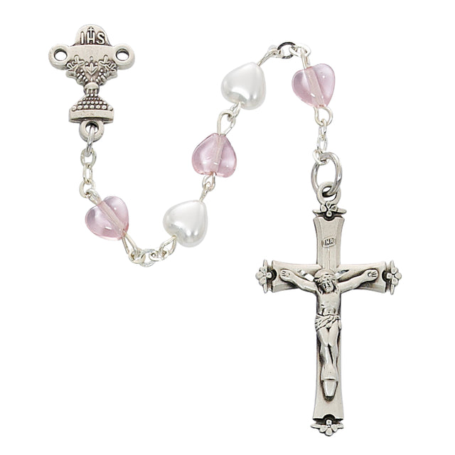 Sterling Silver White and Pink Heart First Communion Rosary