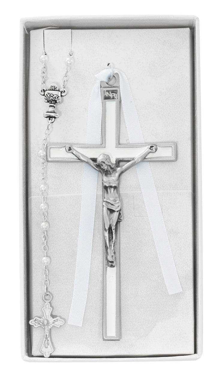 White Enamel First Communion Wall Crucifix and Rosary Set