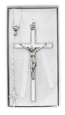 White Enamel First Communion Wall Crucifix and Rosary Set