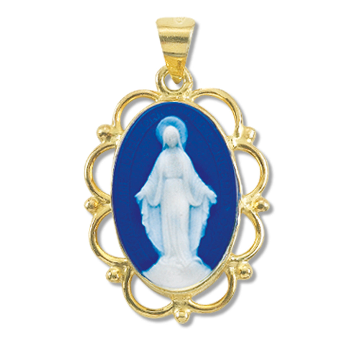 Dark Blue Cameo Miraculous Medal Necklace, Gold Over Sterling Silver
