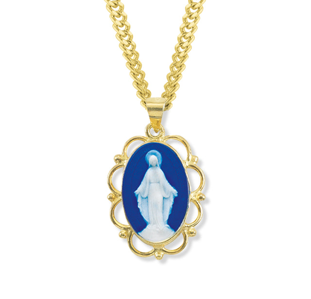 Dark Blue Cameo Miraculous Medal Necklace, Gold Over Sterling Silver