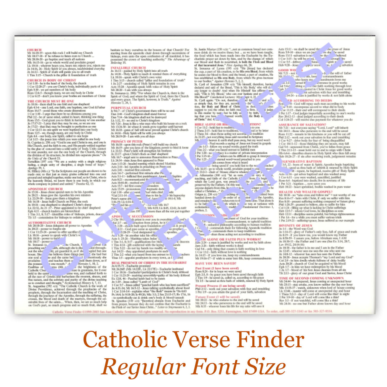 Catholic Verse Finder laminated apologetics reference sheet 10.5 x 8.5 inches