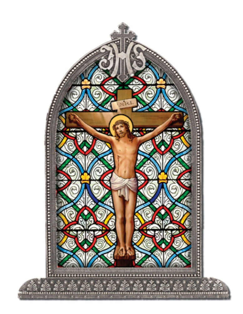 Crucifixion Glass Art in Arched Frame