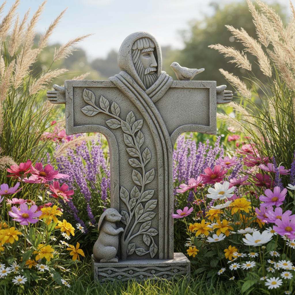 Contemporary Saint Francis Standing Cross Garden Statue 18" High