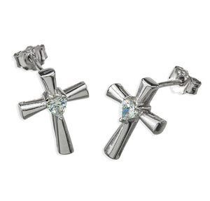 Cross Earrings with Crystal Heart Cubic Zirconia, Sterling Silver