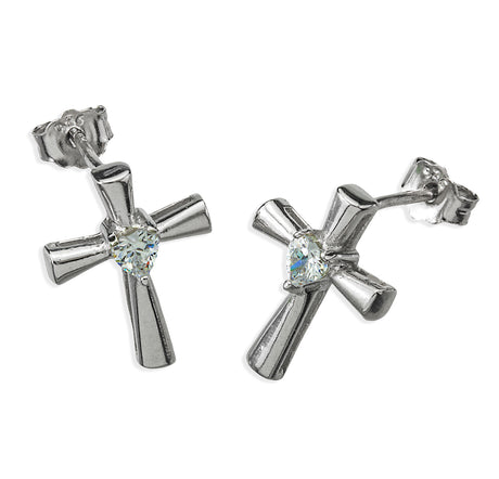 Cross Earrings with Crystal Heart Cubic Zirconia, Sterling Silver