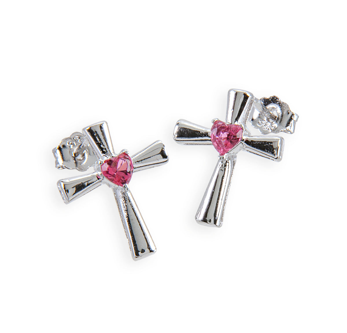 Cross Earrings with Pink Heart Cubic Zirconia, Sterling Silver