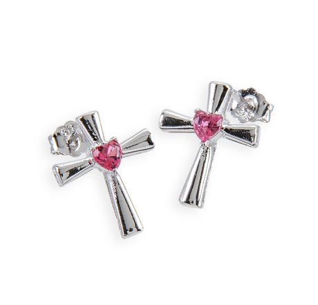 Cross Earrings with Pink Heart Cubic Zirconia, Sterling Silver