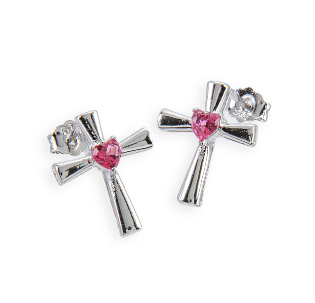Cross Earrings with Pink Heart Cubic Zirconia, Sterling Silver
