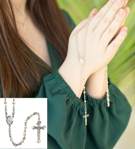 Faux Pearl 4mm Rosary with Miraculous Centerpiece