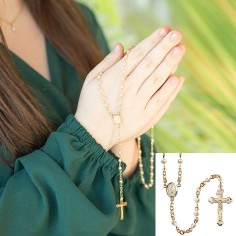 Faux Pearl 4mm Rosary with Miraculous Centerpiece