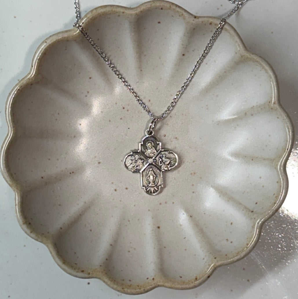 Girl's Dainty 4-Way Pendant with Flower Center | Catholic Necklace