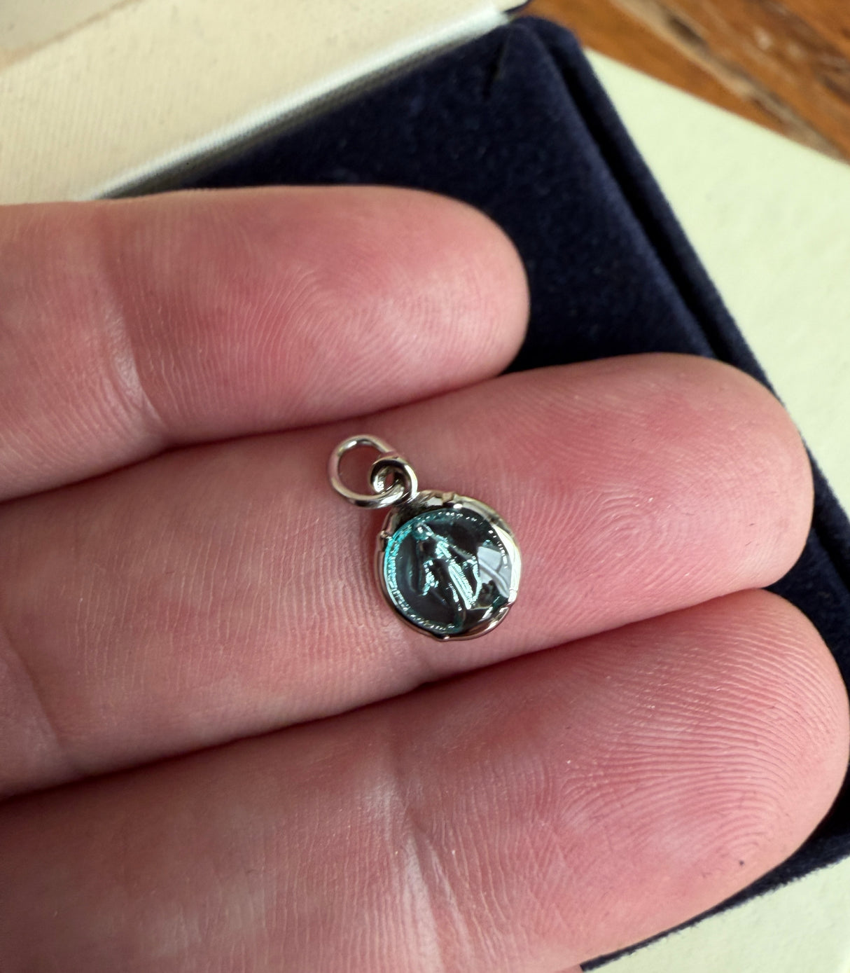 Charm Miraculous Medal Necklace with Blue Enamel