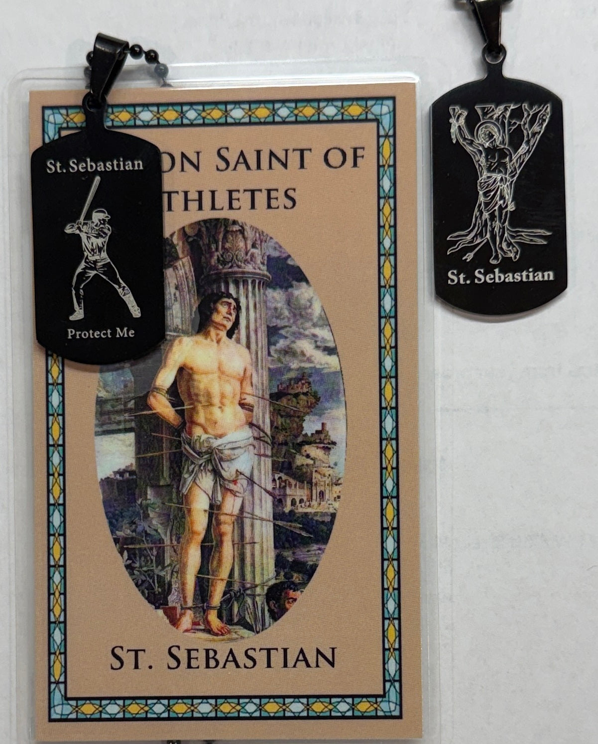 St. Sebastian Baseball Dog Tag Necklace with Prayer Card for Boys & Men