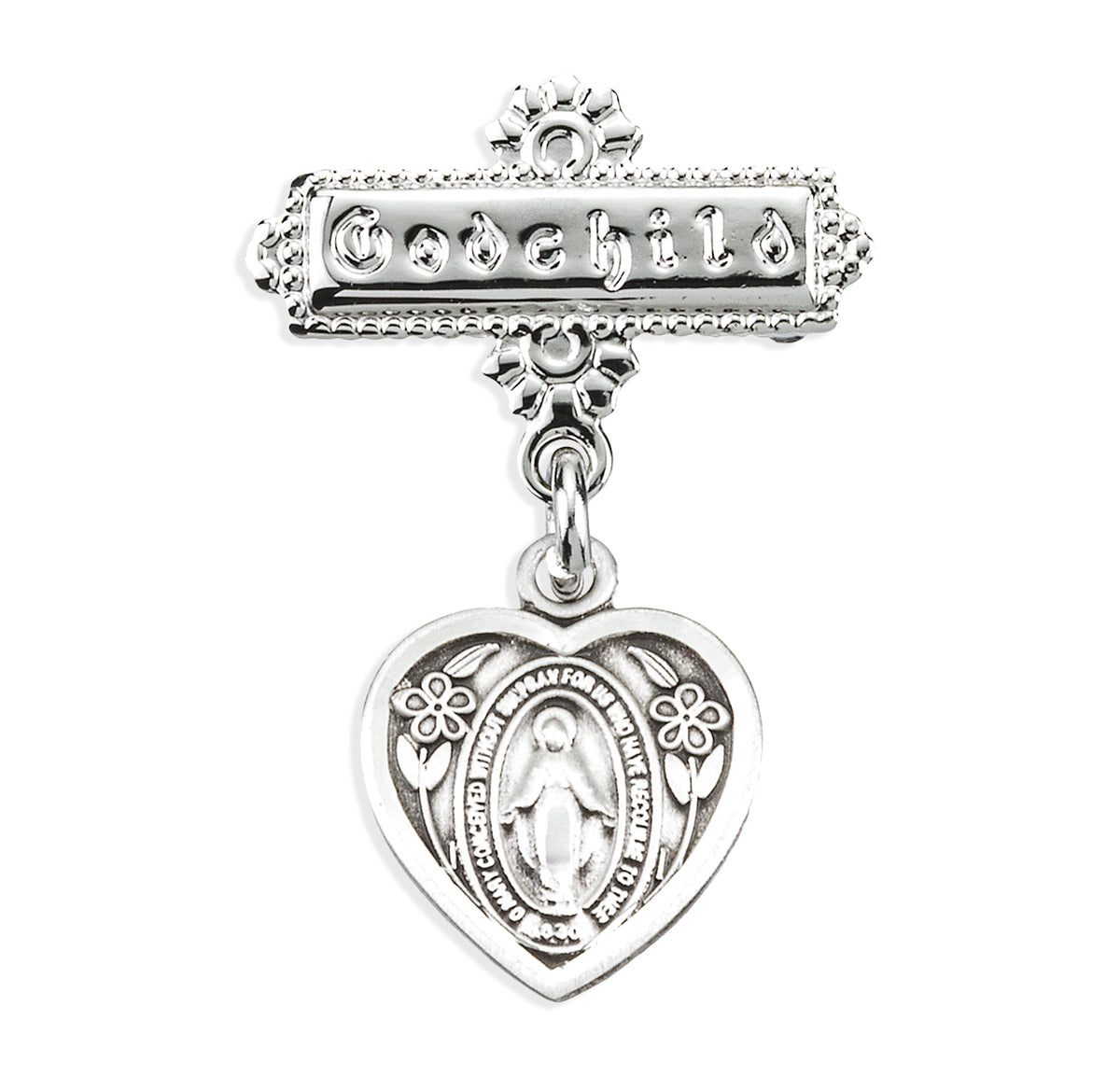Heart Miraculous Medal Godchild Pin, Sterling Silver