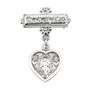 Heart Miraculous Medal Godchild Pin, Sterling Silver