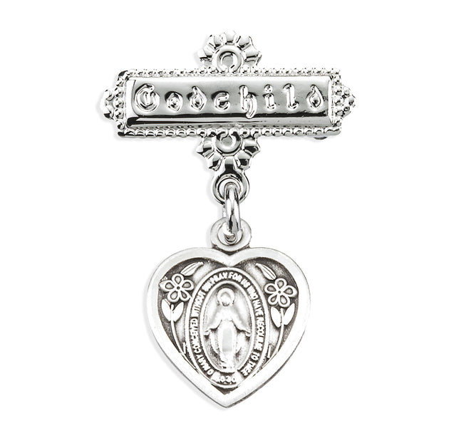 Heart Miraculous Medal Godchild Pin, Sterling Silver