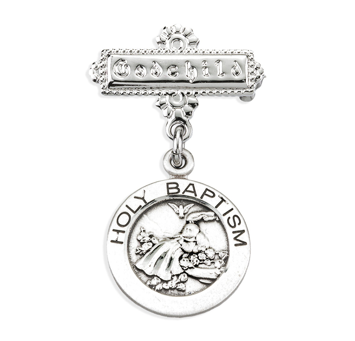 Round Holy Baptism Medal Godchild Pin, Sterling Silver