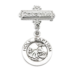 Round Holy Baptism Medal Godchild Pin, Sterling Silver