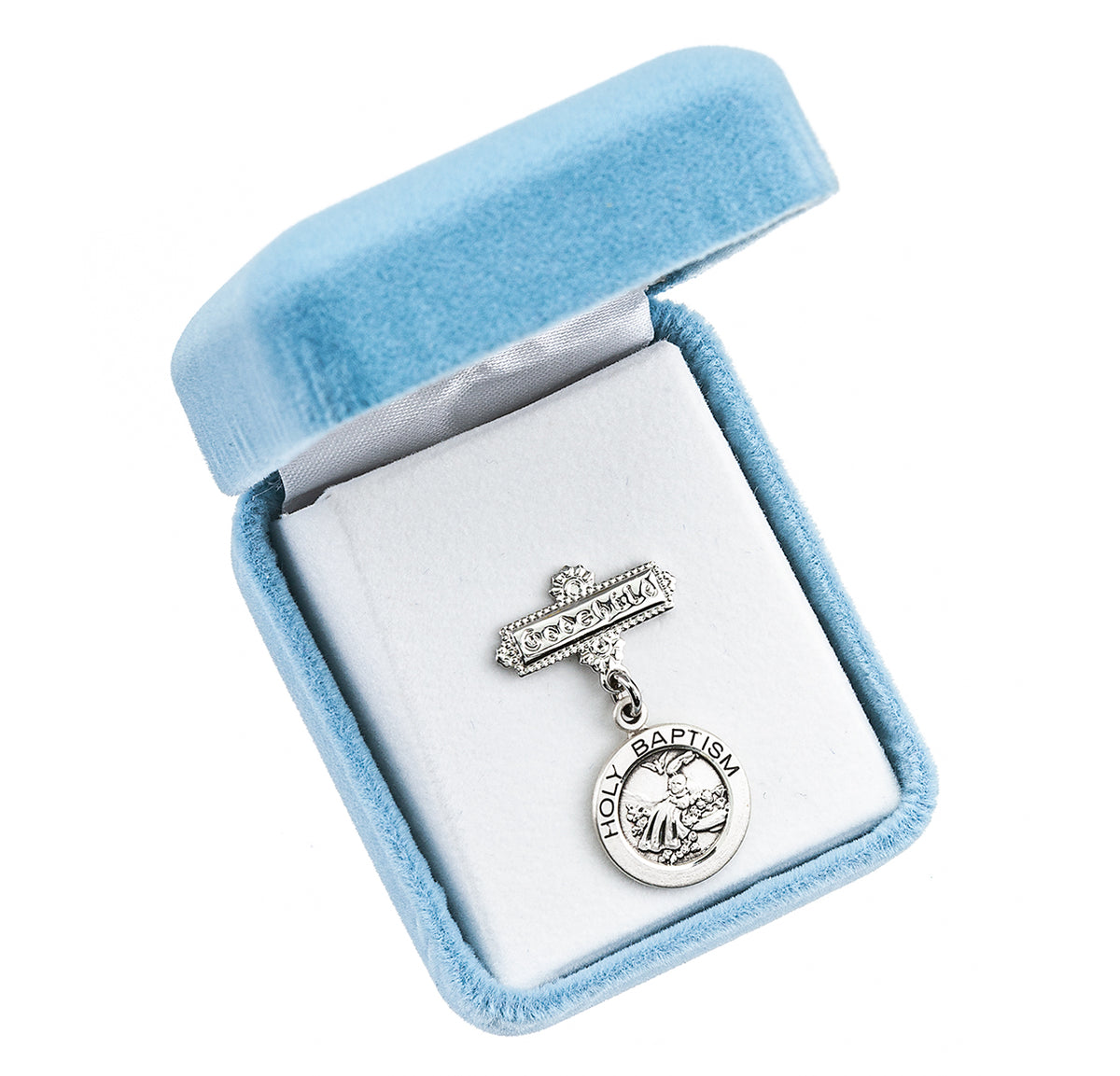 Round Holy Baptism Medal Godchild Pin, Sterling Silver