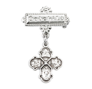 Small Four Way Medal Godchild Pin, Sterling Silver