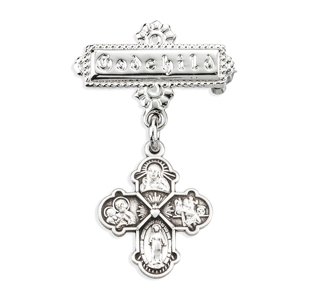 Small Four Way Medal Godchild Pin, Sterling Silver
