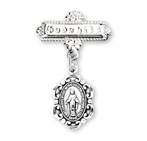 Fancy Edge Miraculous Medal Godchild Pin, Sterling Silver