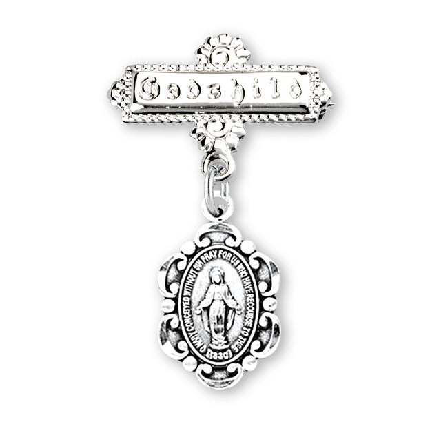 Fancy Edge Miraculous Medal Godchild Pin, Sterling Silver