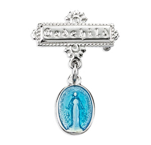 Blue Enameled Baby Miraculous Medal Godchild Pin, Sterling Silver