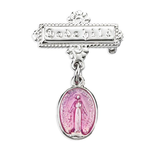 Pink Enameled Baby Miraculous Medal Godchild Pin, Sterling Silver
