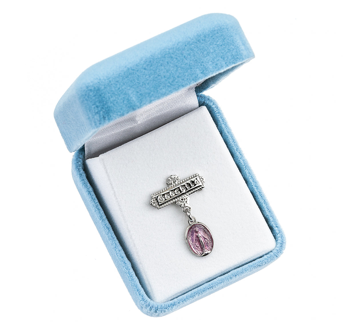 Pink Enameled Baby Miraculous Medal Godchild Pin, Sterling Silver